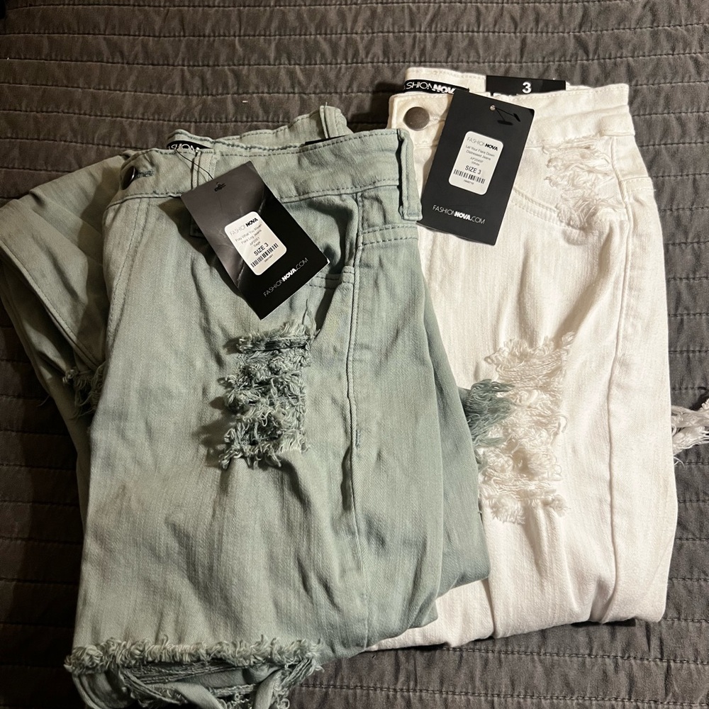 Fashion Nova High Rise Distressed Jeans - Green and White